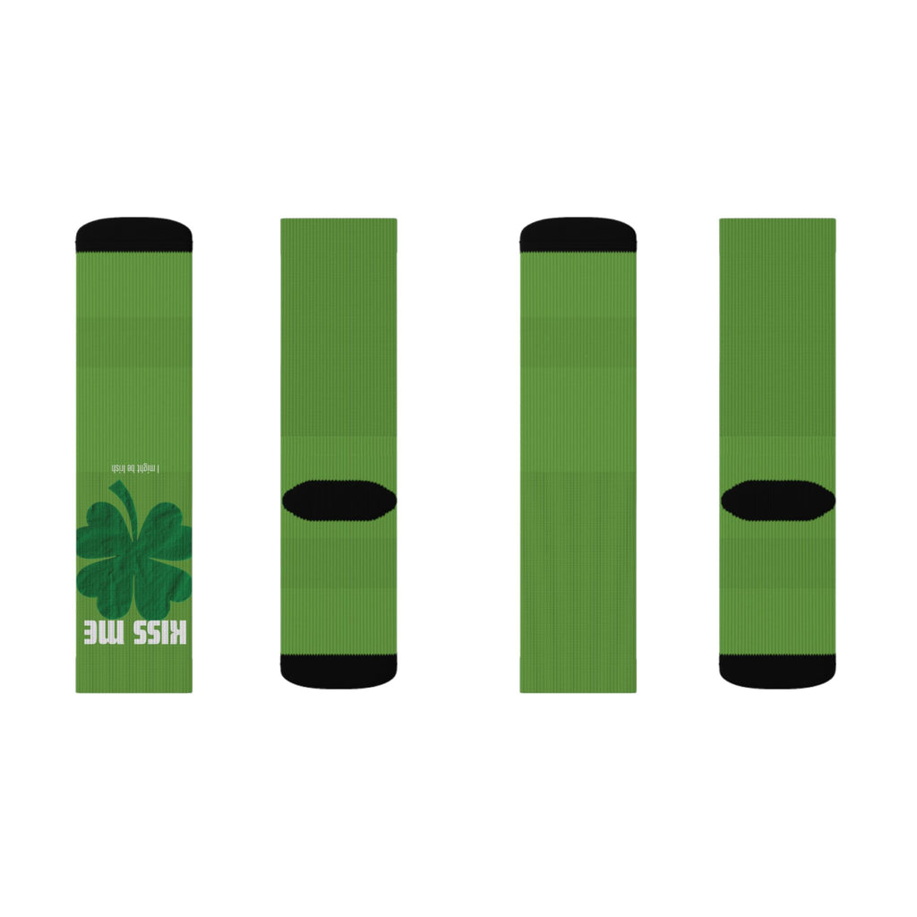 Green Shamrock 'Kiss Me' Sublimation Socks — St. Patrick's Day Novelty Socks
