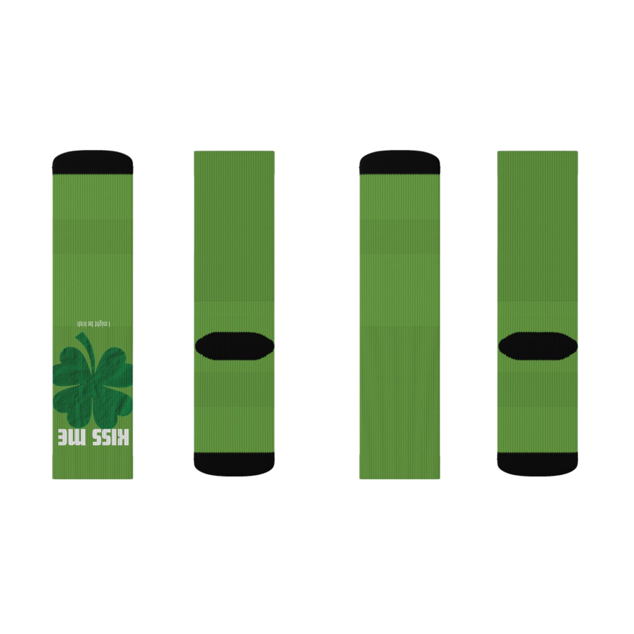 Green Shamrock 'Kiss Me' Sublimation Socks — St. Patrick's Day Novelty Socks