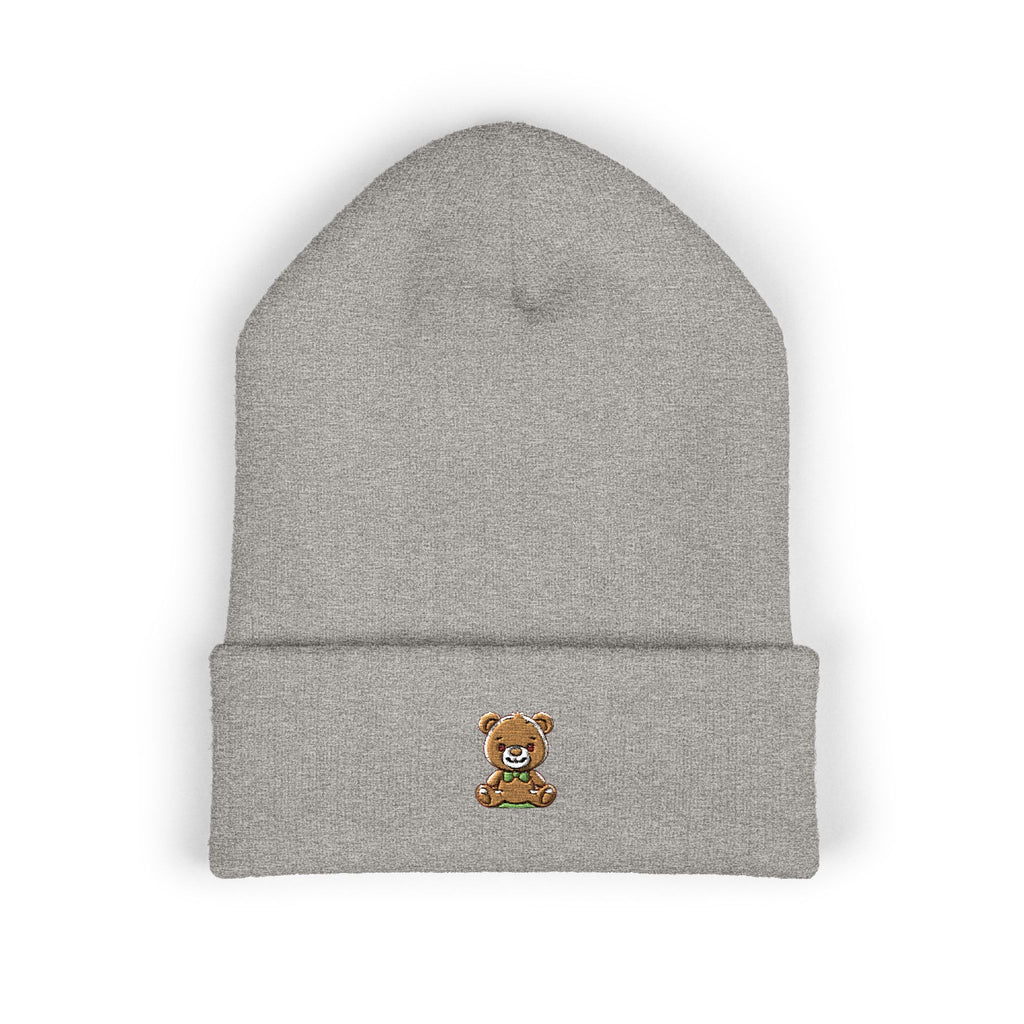 Happy Teddy Embroidered Cuffed Beanie — Cozy Cute Winter Hat