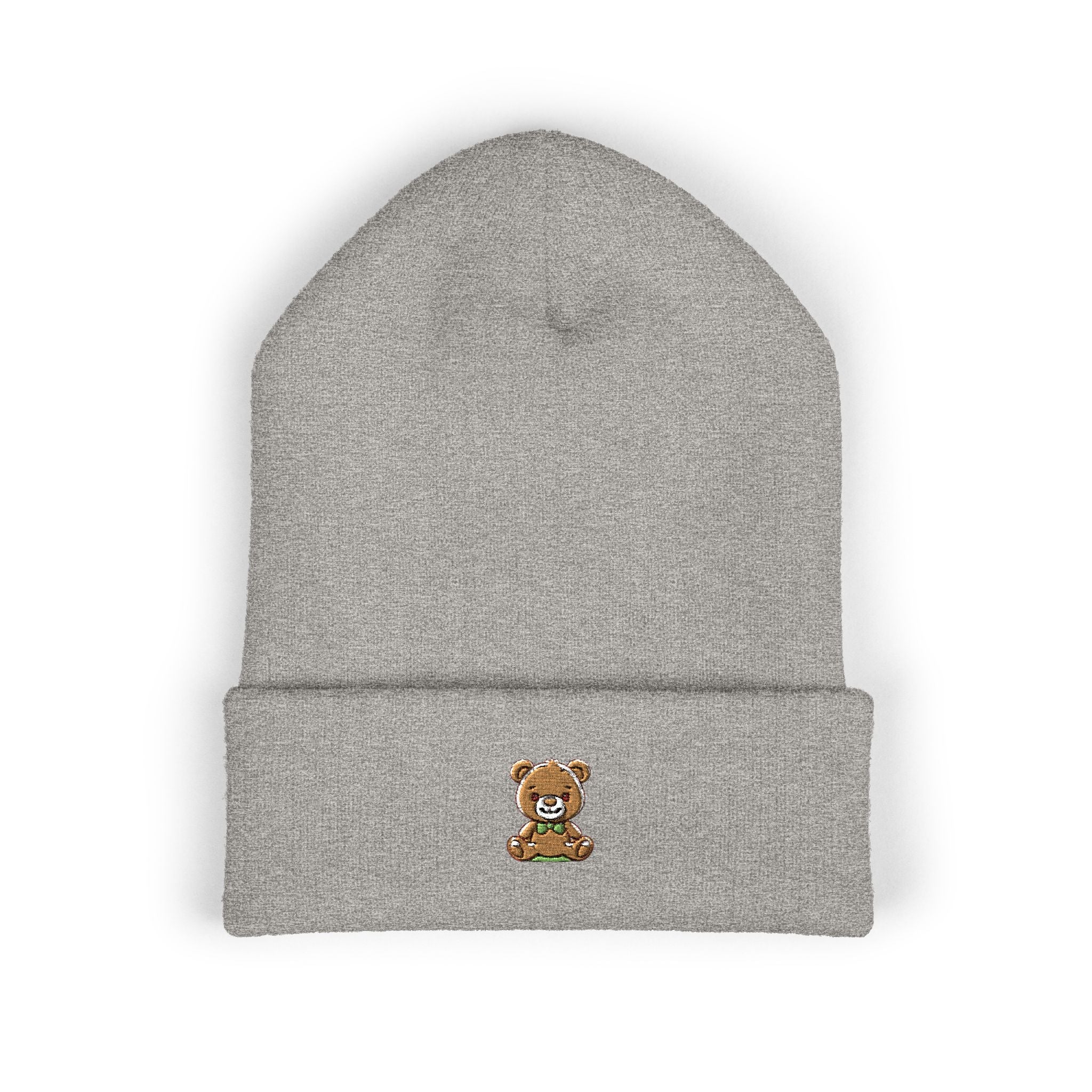 Happy Teddy Embroidered Cuffed Beanie — Cozy Cute Winter Hat