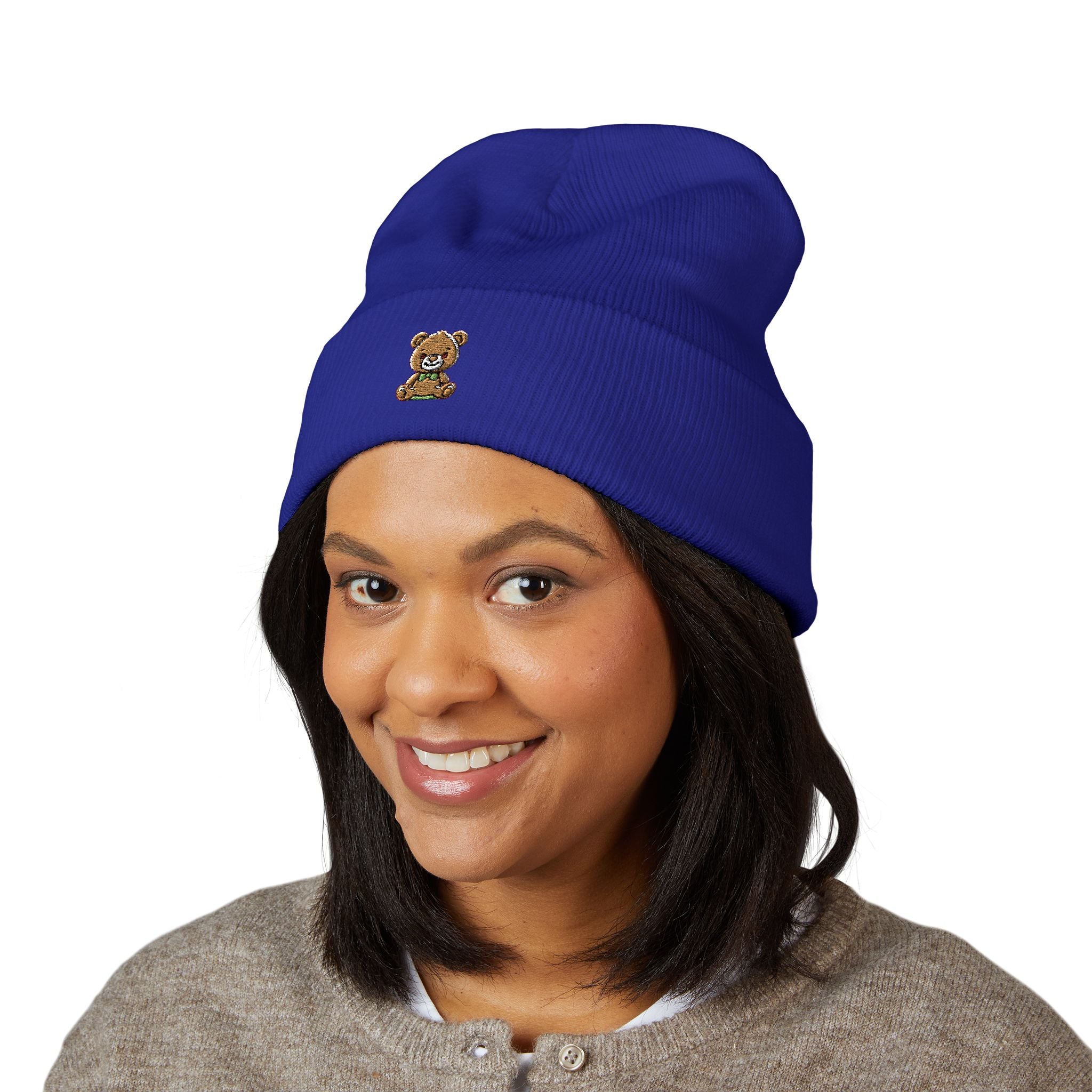 Happy Teddy Embroidered Cuffed Beanie — Cozy Cute Winter Hat