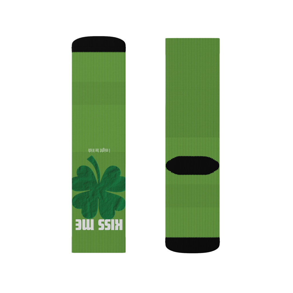 Green Shamrock 'Kiss Me' Sublimation Socks — St. Patrick's Day Novelty Socks