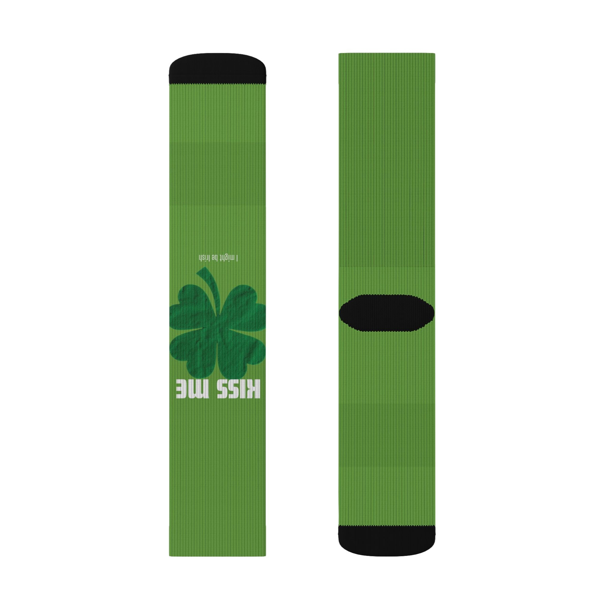 Green Shamrock 'Kiss Me' Sublimation Socks — St. Patrick's Day Novelty Socks