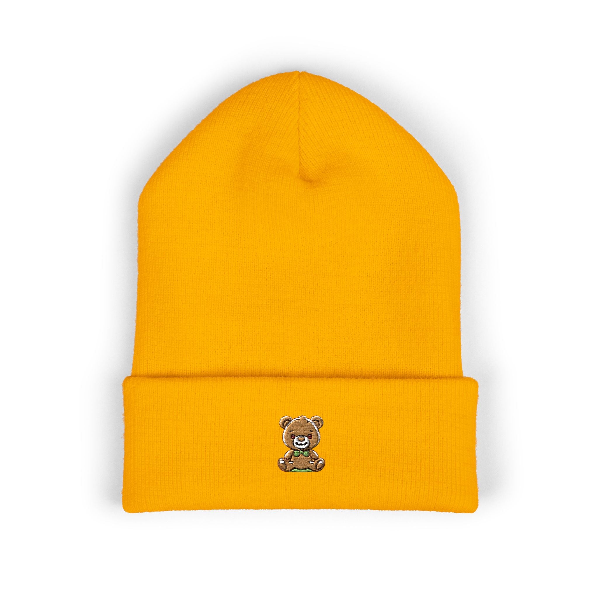 Happy Teddy Embroidered Cuffed Beanie — Cozy Cute Winter Hat
