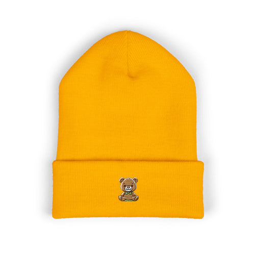 Happy Teddy Embroidered Cuffed Beanie — Cozy Cute Winter Hat