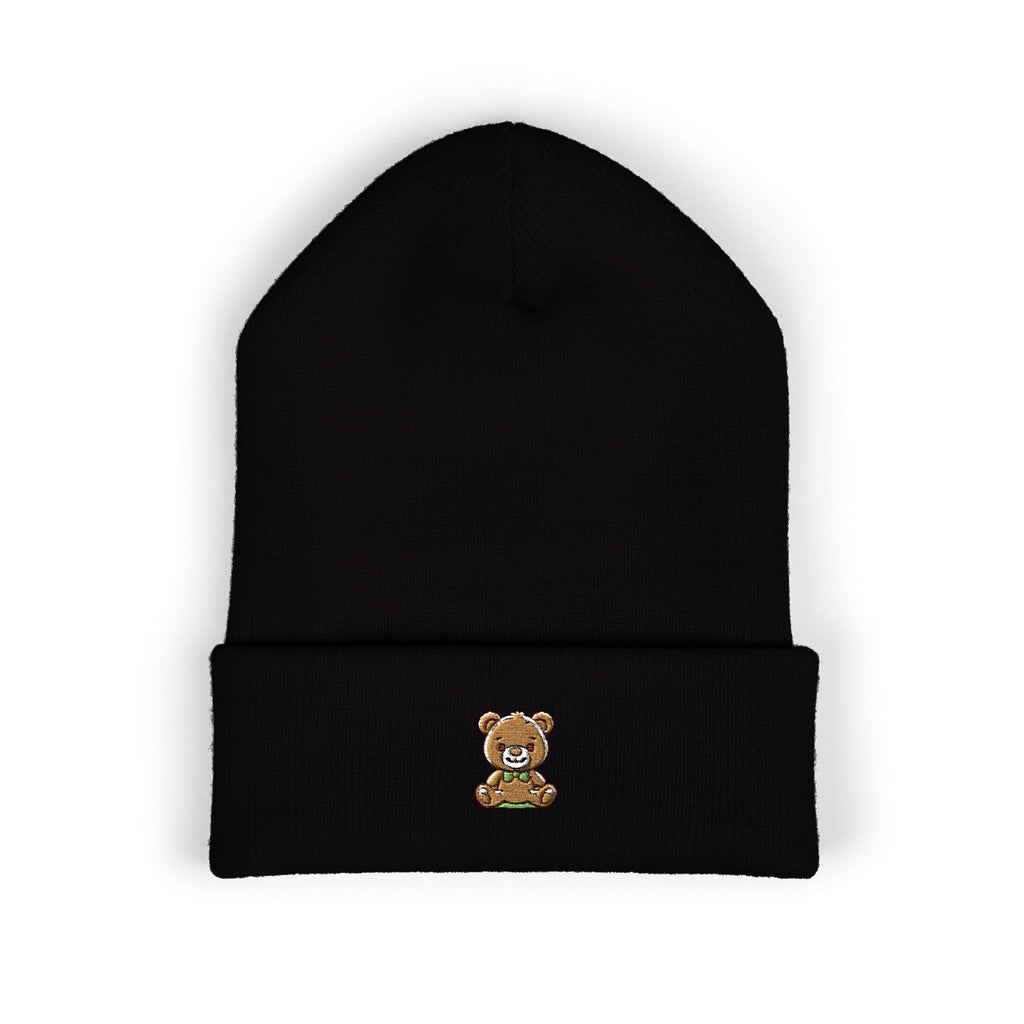 Happy Teddy Embroidered Cuffed Beanie — Cozy Cute Winter Hat