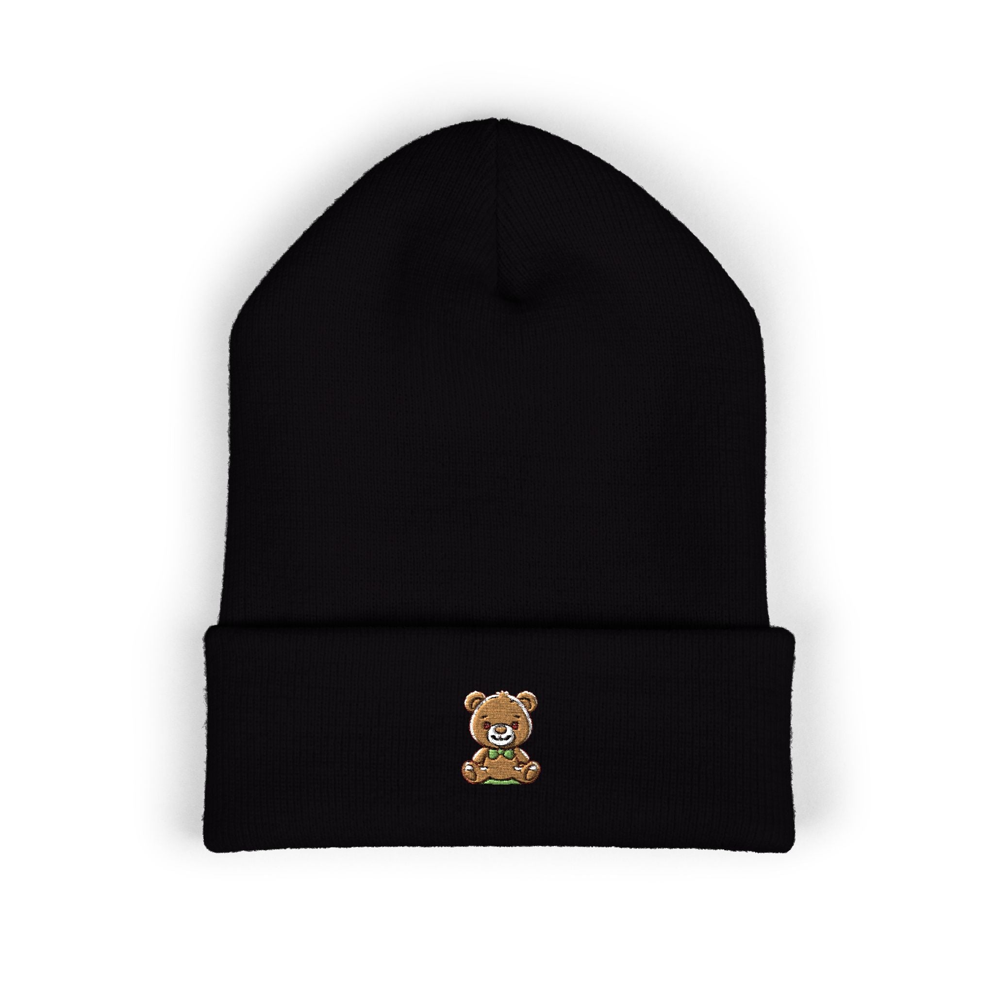 Happy Teddy Embroidered Cuffed Beanie — Cozy Cute Winter Hat