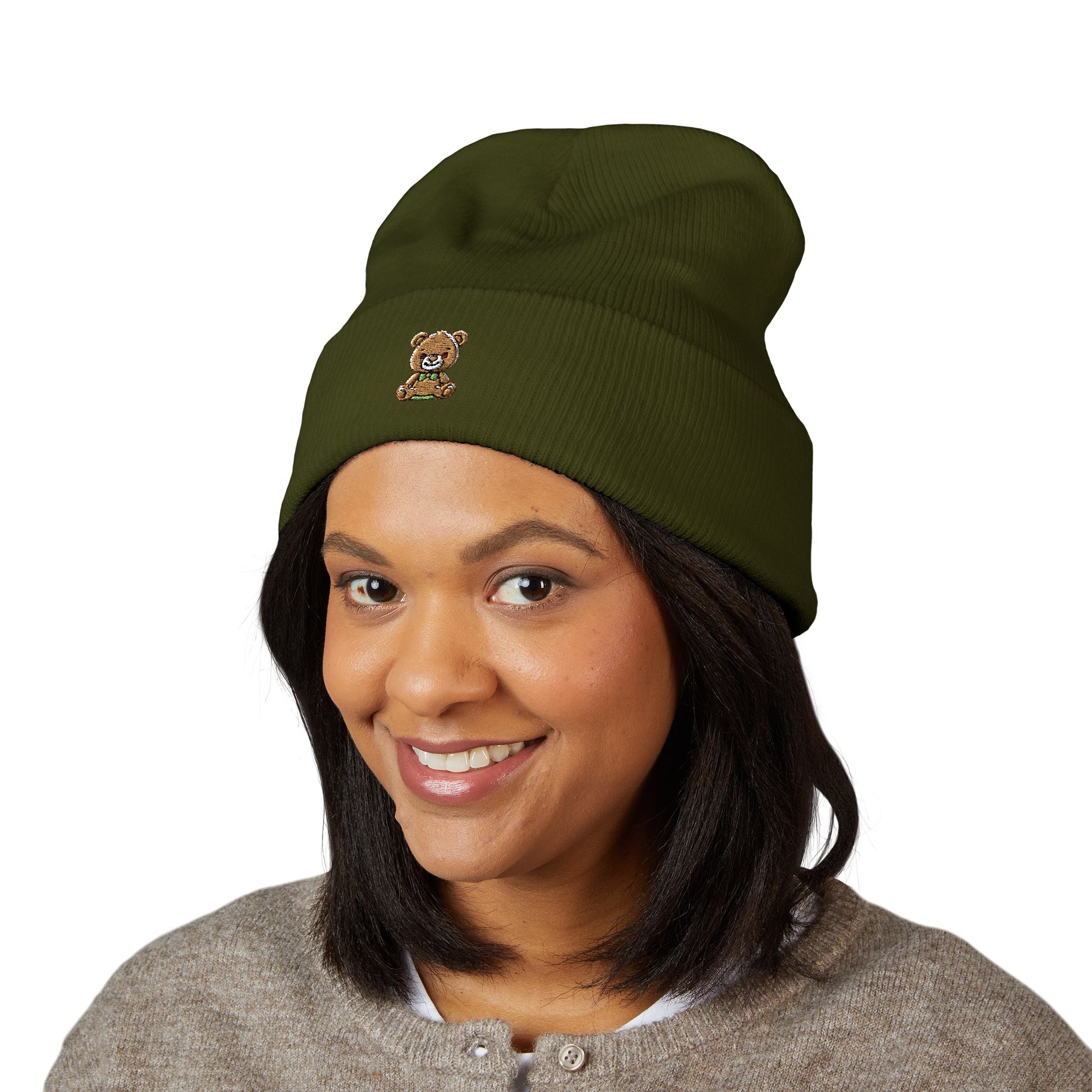 Happy Teddy Embroidered Cuffed Beanie — Cozy Cute Winter Hat