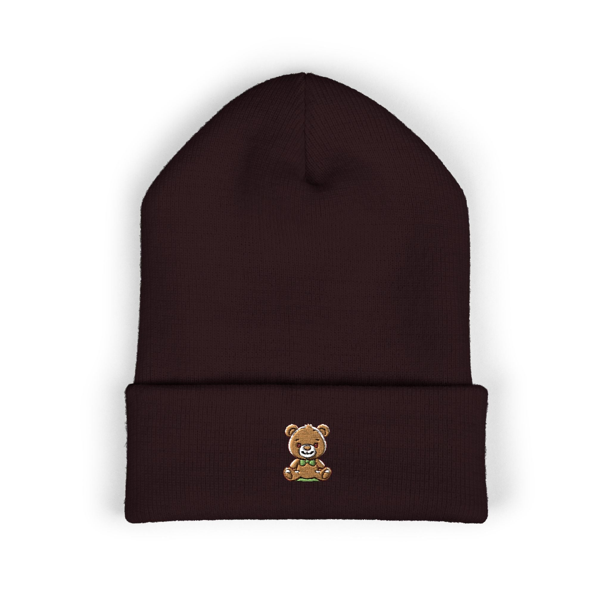 Happy Teddy Embroidered Cuffed Beanie — Cozy Cute Winter Hat