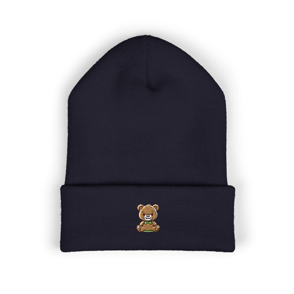Happy Teddy Embroidered Cuffed Beanie — Cozy Cute Winter Hat