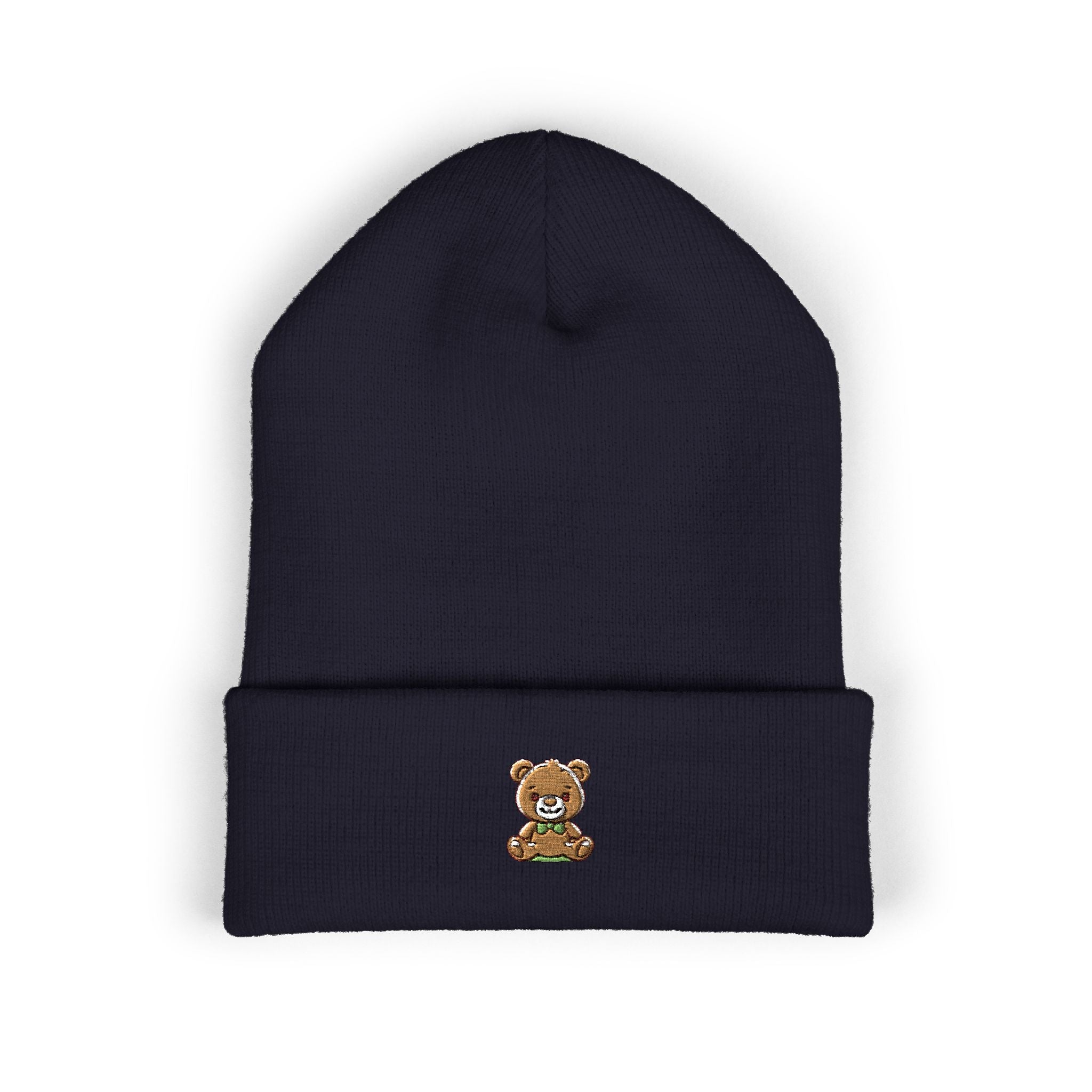 Happy Teddy Embroidered Cuffed Beanie — Cozy Cute Winter Hat