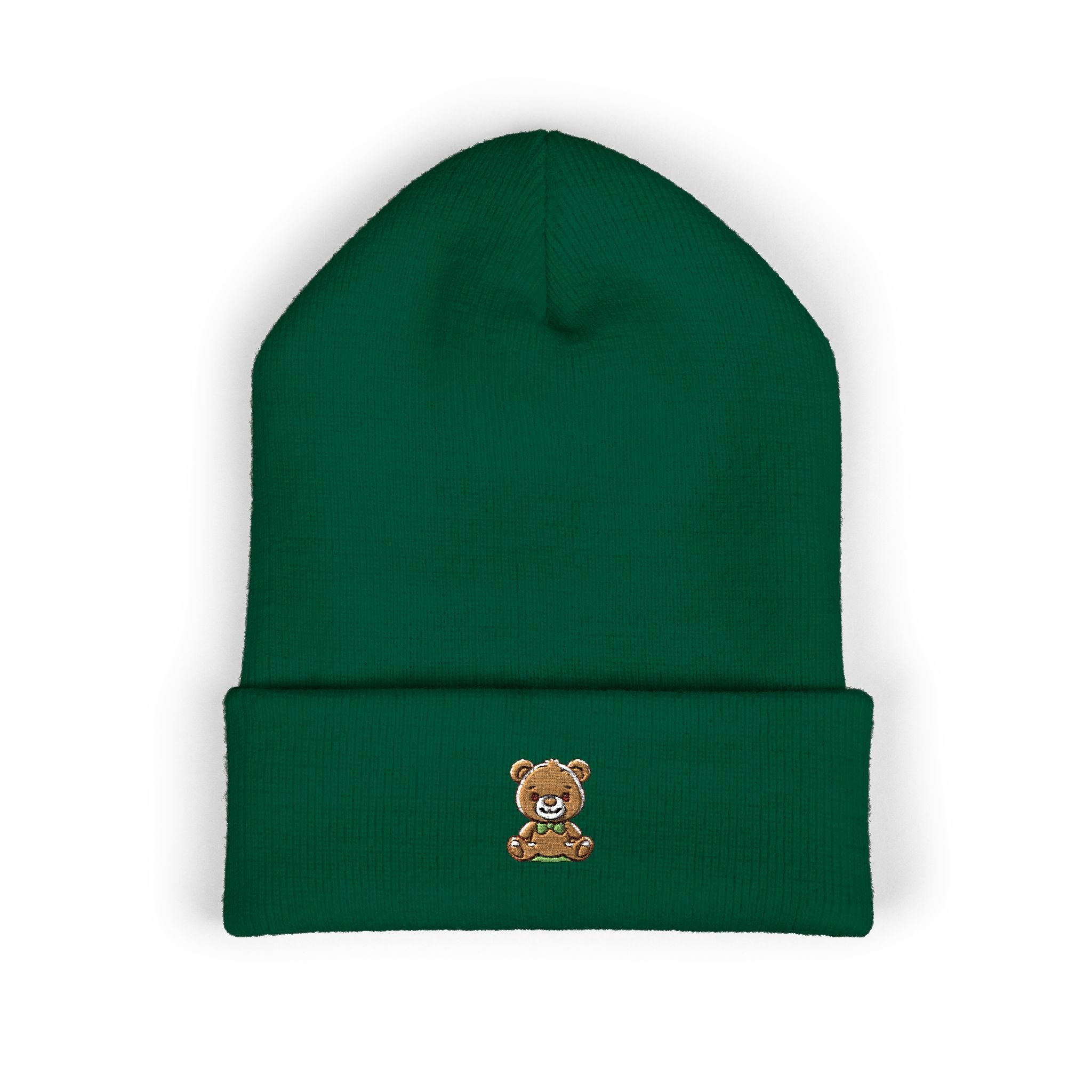Happy Teddy Embroidered Cuffed Beanie — Cozy Cute Winter Hat