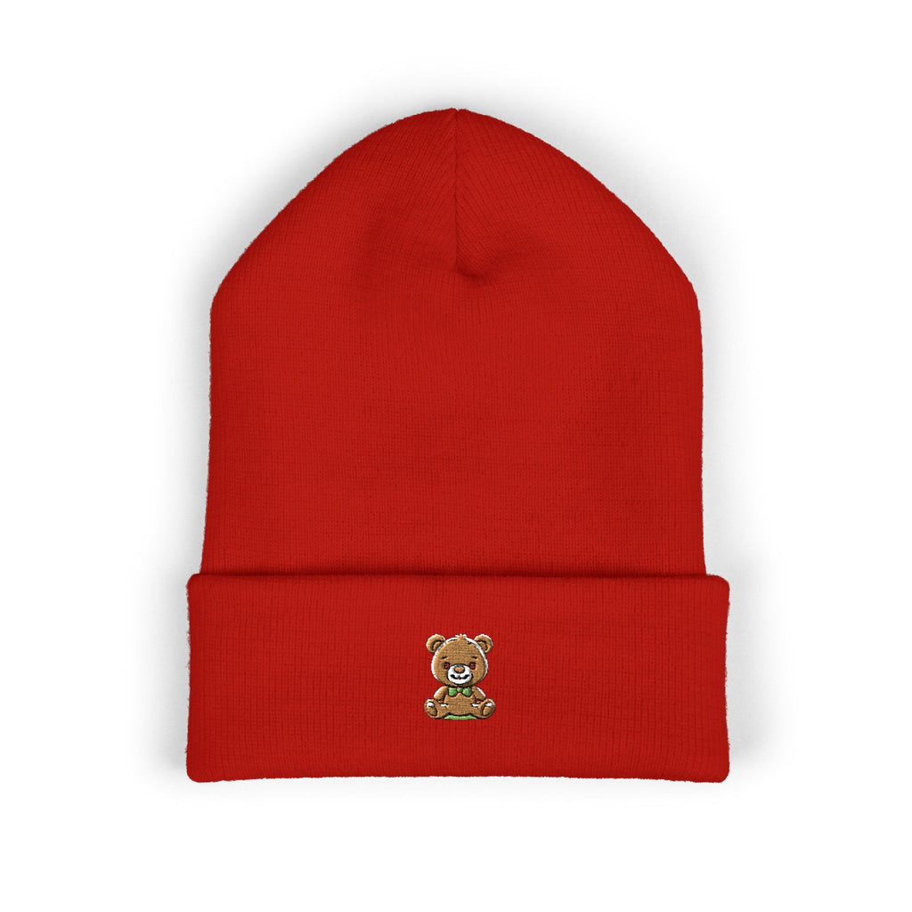 Happy Teddy Embroidered Cuffed Beanie — Cozy Cute Winter Hat