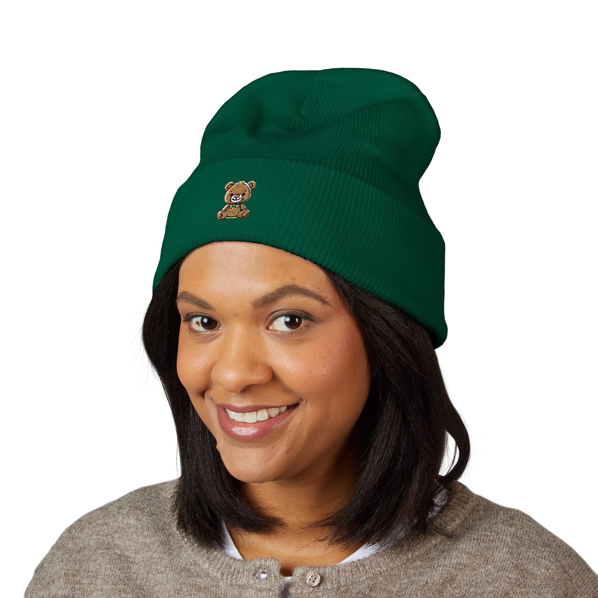 Happy Teddy Embroidered Cuffed Beanie — Cozy Cute Winter Hat