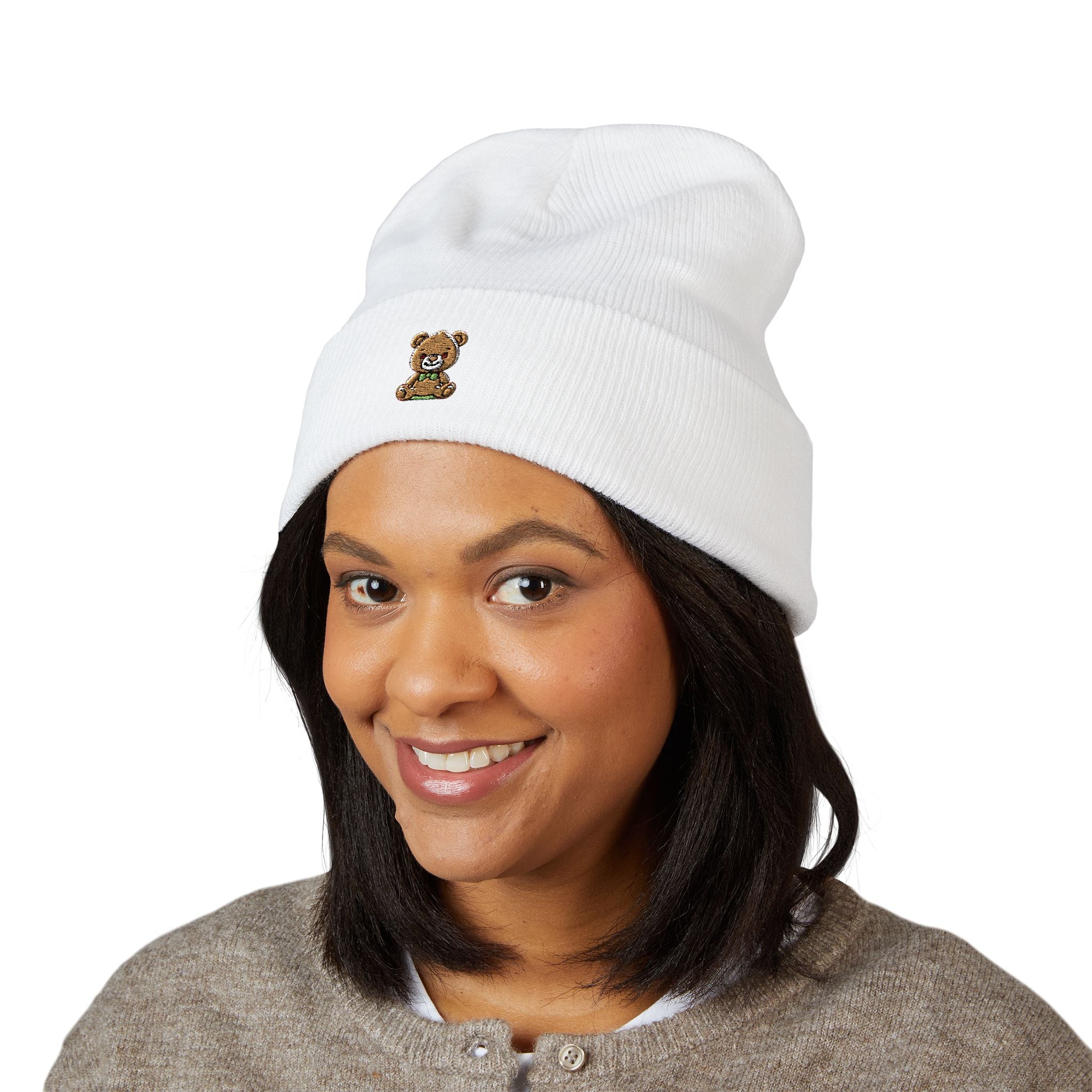Happy Teddy Embroidered Cuffed Beanie — Cozy Cute Winter Hat
