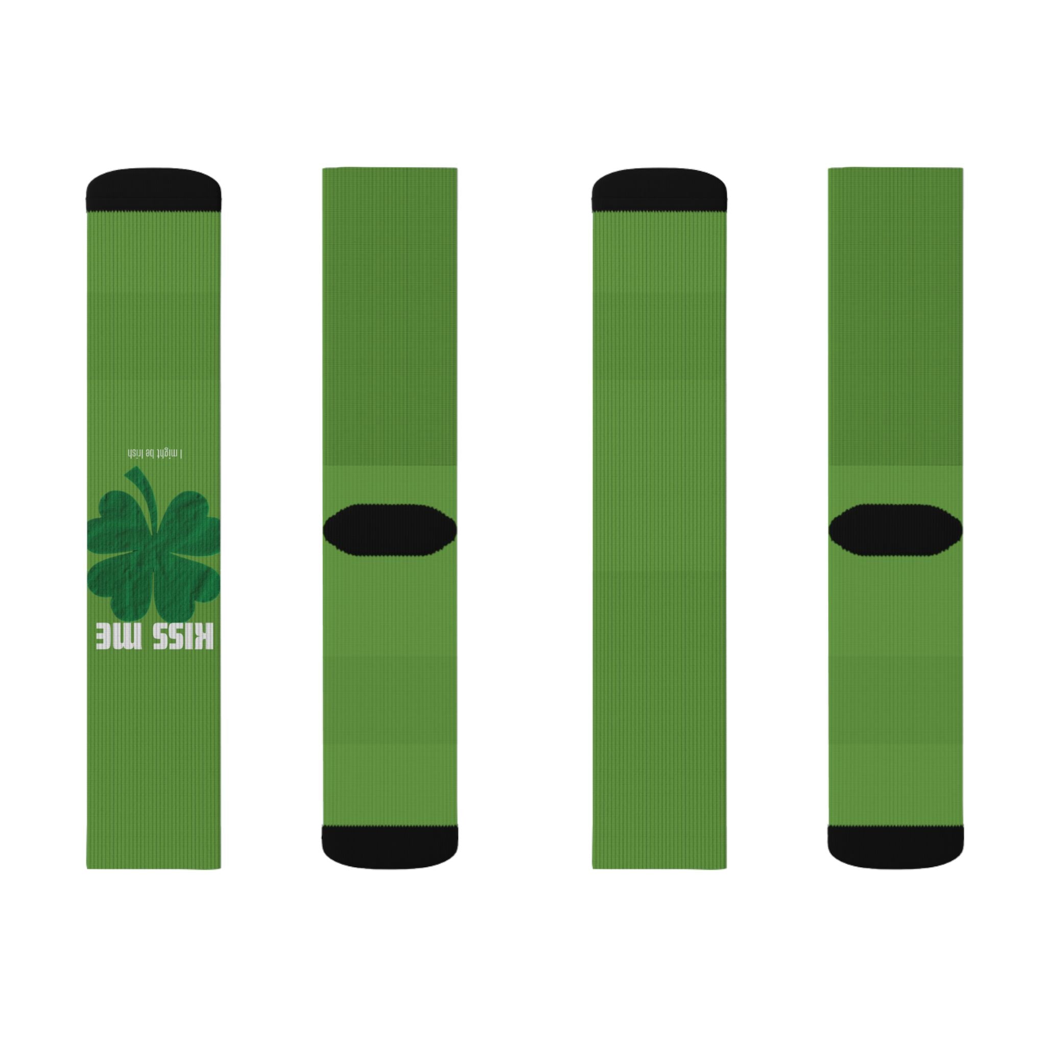 Green Shamrock 'Kiss Me' Sublimation Socks — St. Patrick's Day Novelty Socks