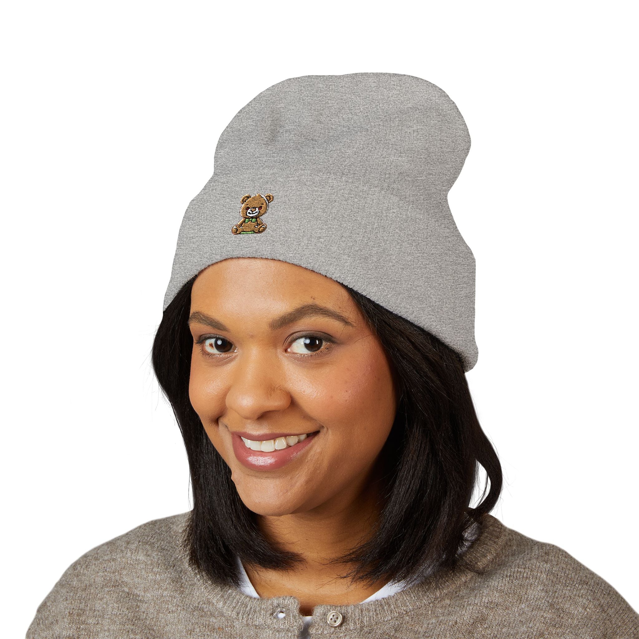 Happy Teddy Embroidered Cuffed Beanie — Cozy Cute Winter Hat