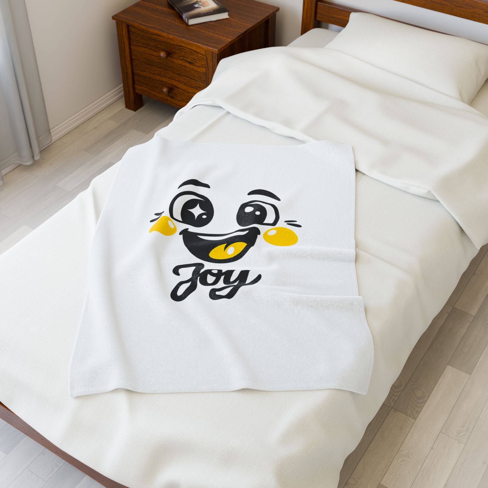 Joy Kawaii Mood Face Velveteen Plush Blanket | thick outline emoji cartoon