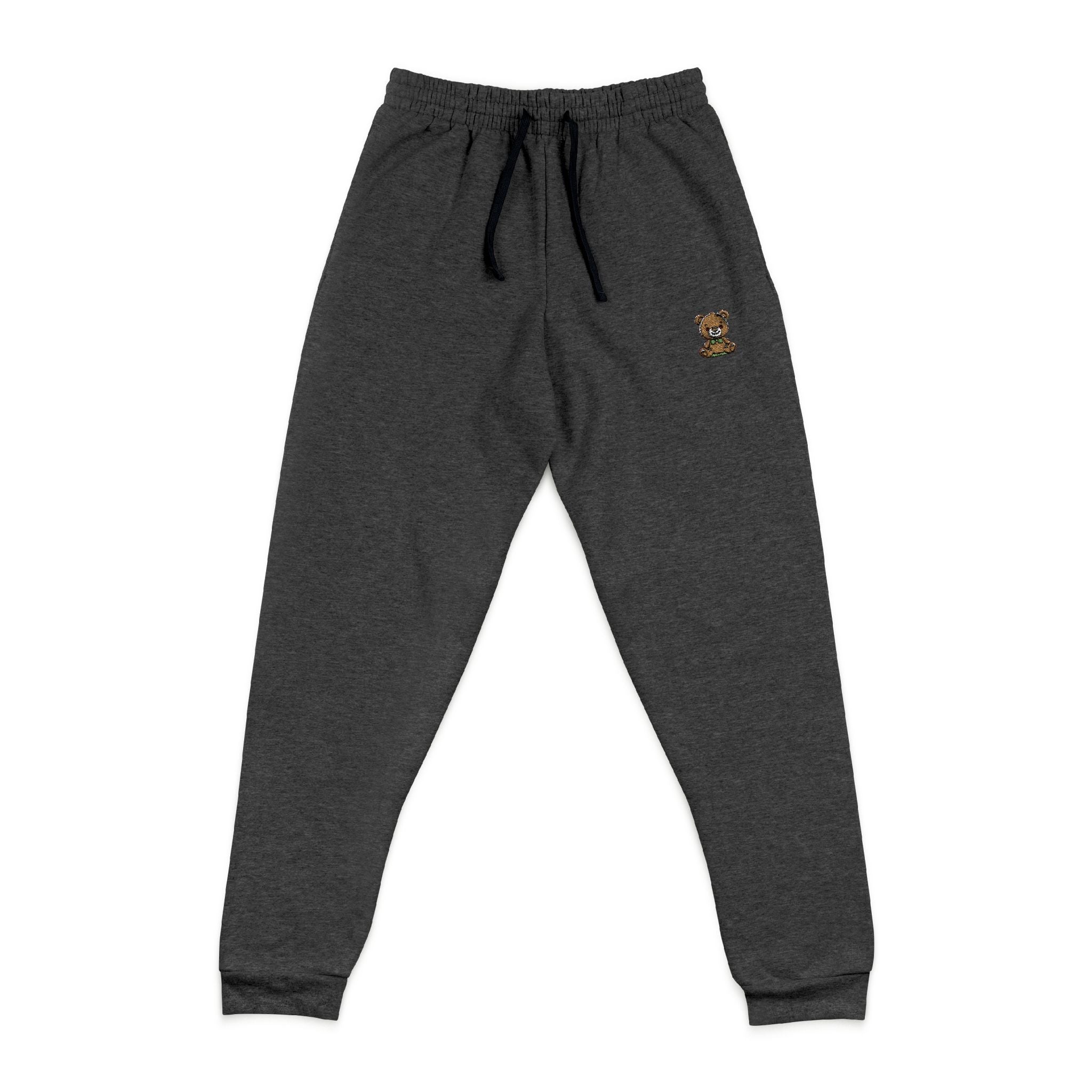 Happy Teddy Embroidered Charcoal Joggers — Cozy Casual Sweatpants with Small Gold Crest