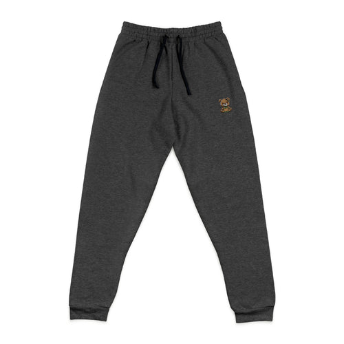 Happy Teddy Embroidered Charcoal Joggers — Cozy Casual Sweatpants with Small Gold Crest