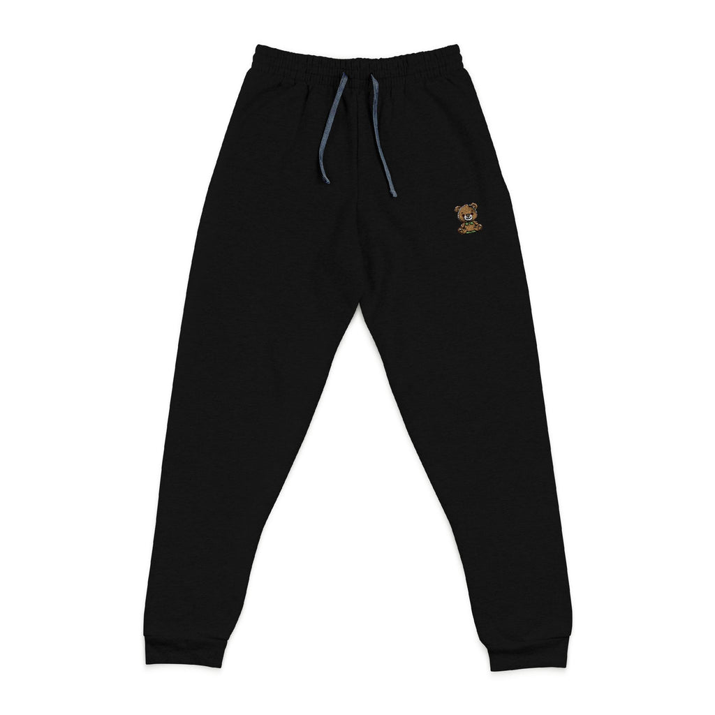 Happy Teddy Embroidered Charcoal Joggers — Cozy Casual Sweatpants with Small Gold Crest