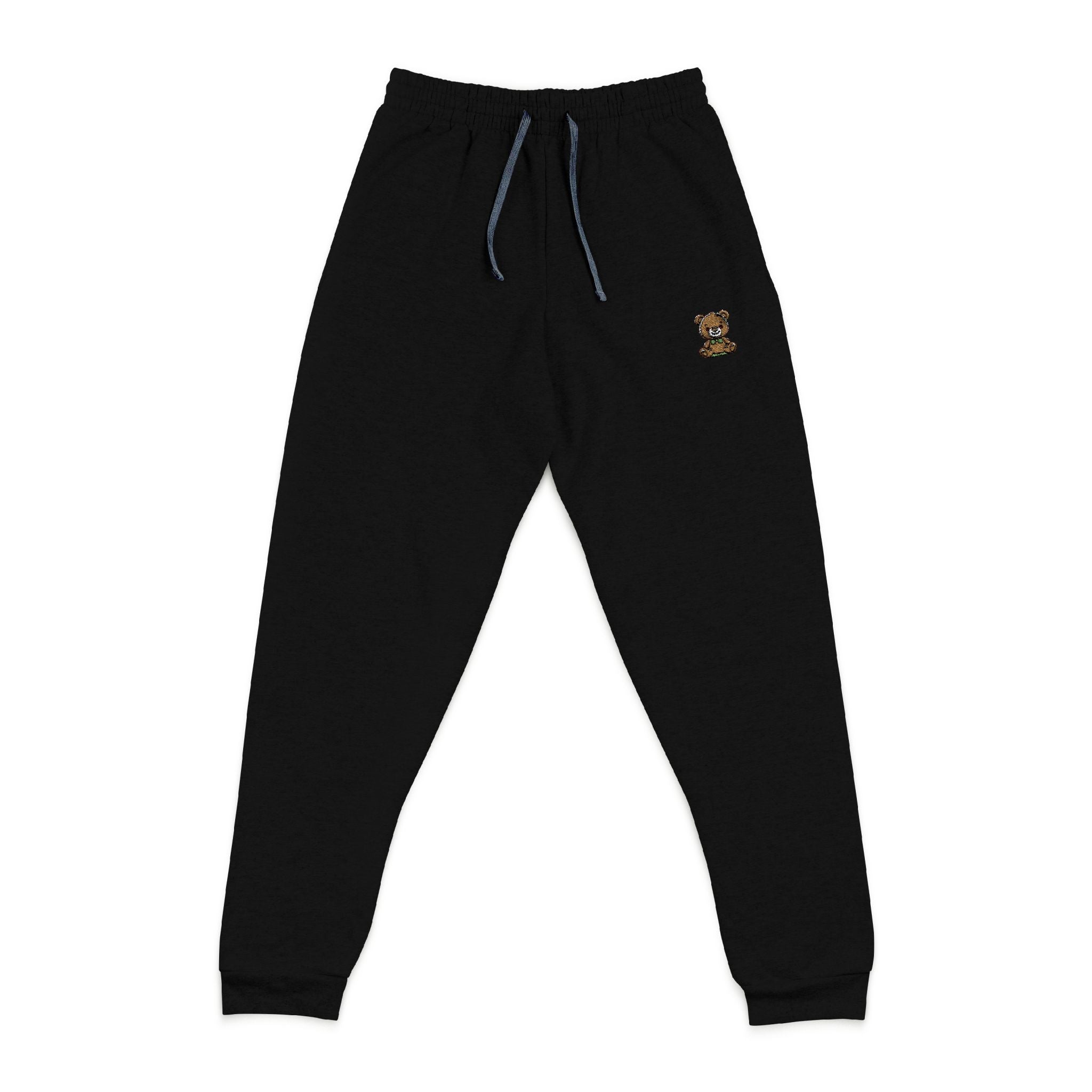 Happy Teddy Embroidered Charcoal Joggers — Cozy Casual Sweatpants with Small Gold Crest