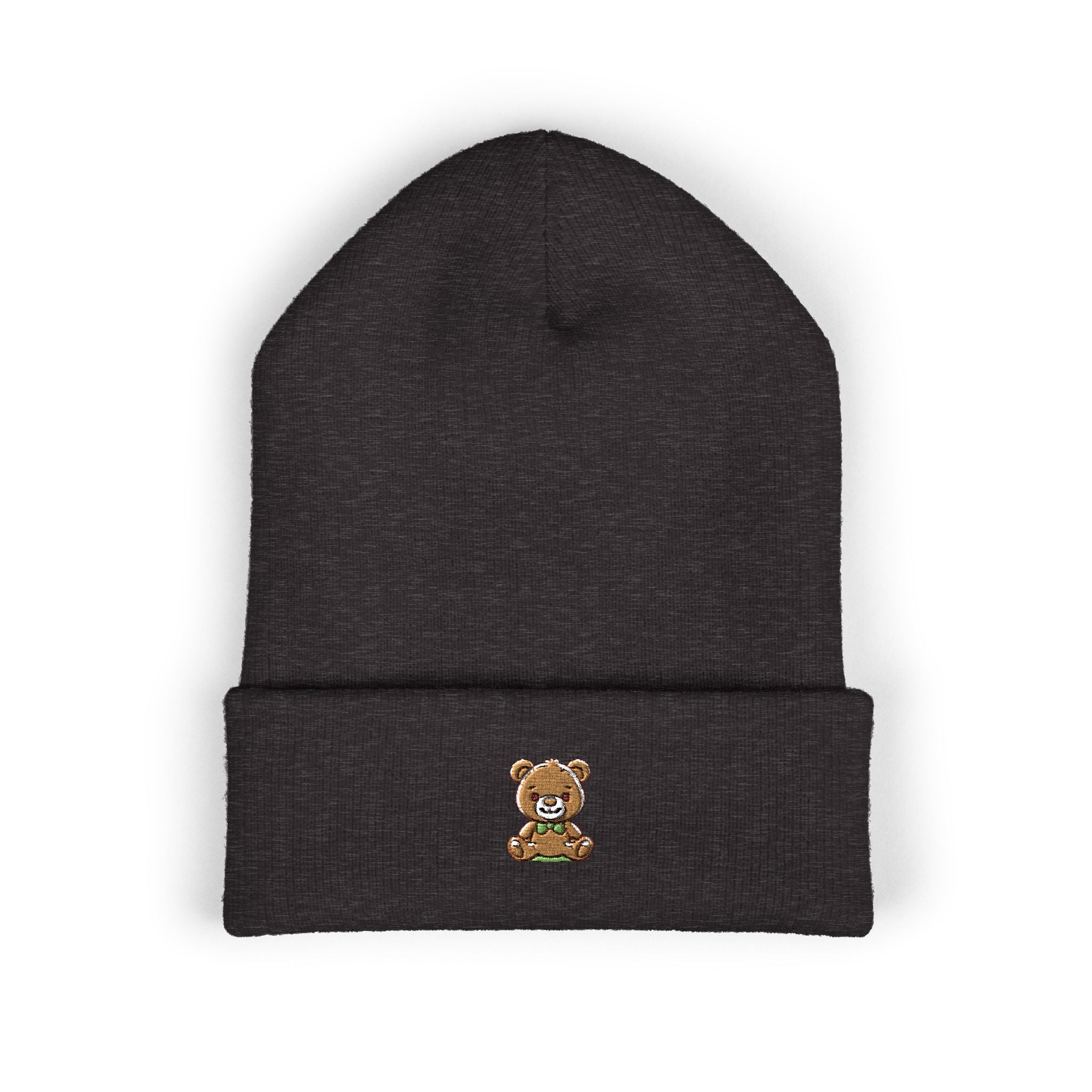 Happy Teddy Embroidered Cuffed Beanie — Cozy Cute Winter Hat