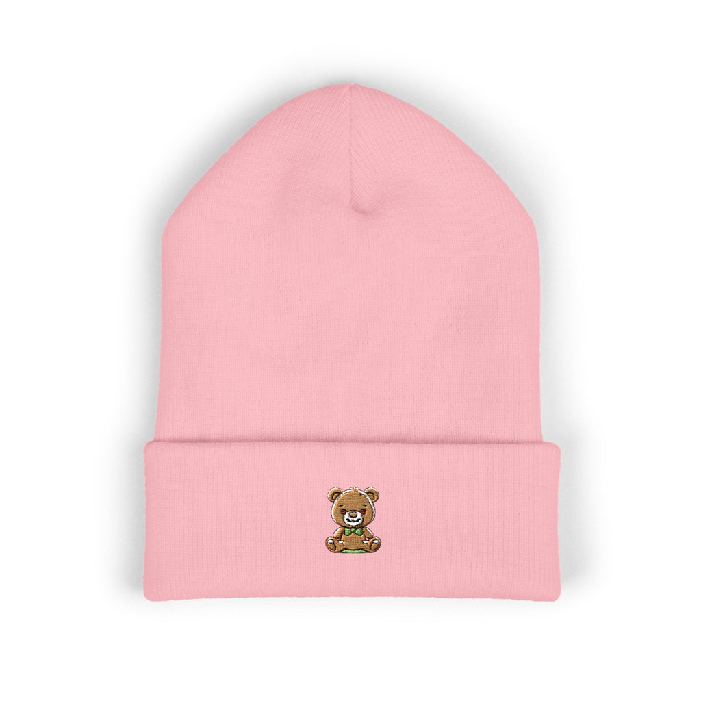 Happy Teddy Embroidered Cuffed Beanie — Cozy Cute Winter Hat