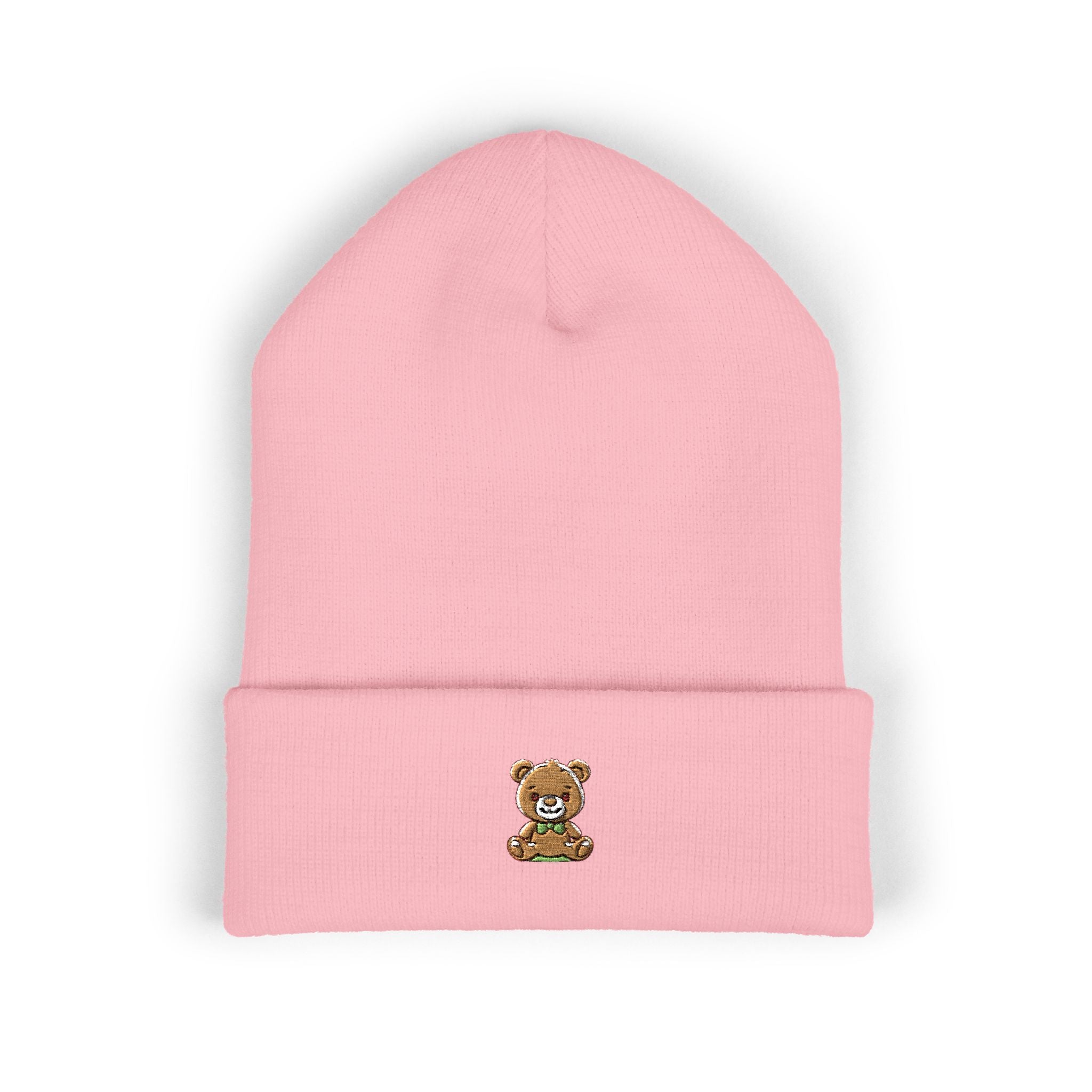 Happy Teddy Embroidered Cuffed Beanie — Cozy Cute Winter Hat