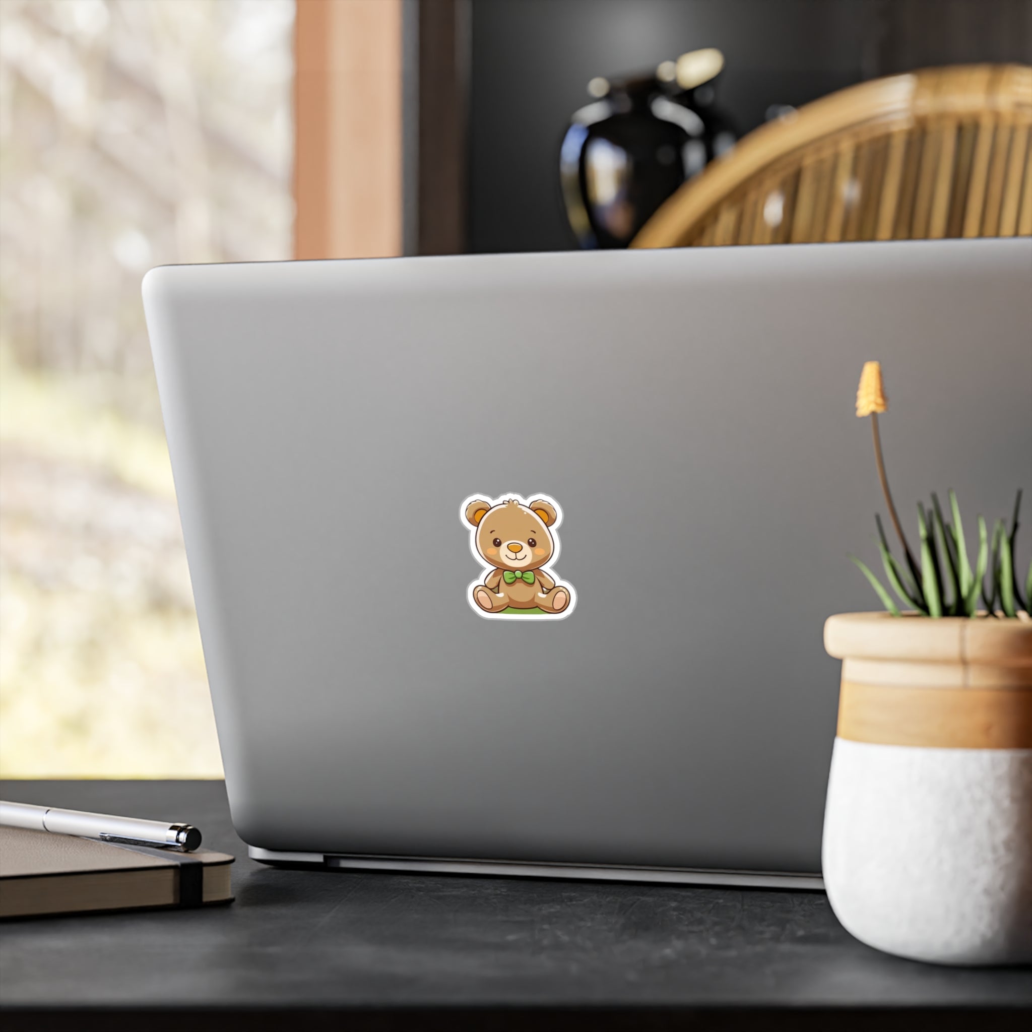 Happy Teddy Vinyl Sticker — Kiss-Cut Decal for Laptops, Water Bottles, & Windows