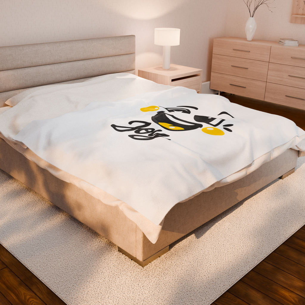 Joy Kawaii Mood Face Velveteen Plush Blanket | thick outline emoji cartoon