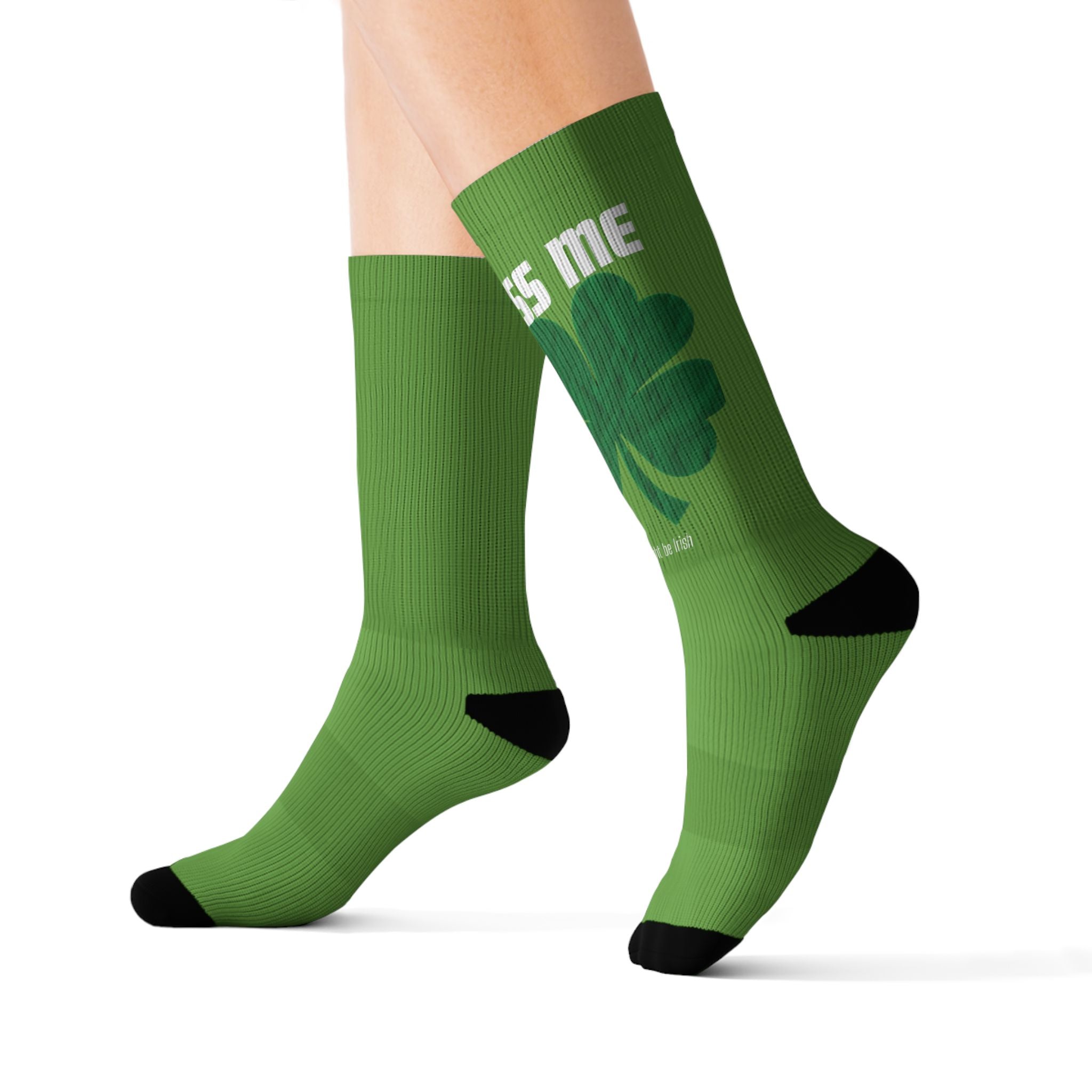Green Shamrock 'Kiss Me' Sublimation Socks — St. Patrick's Day Novelty Socks