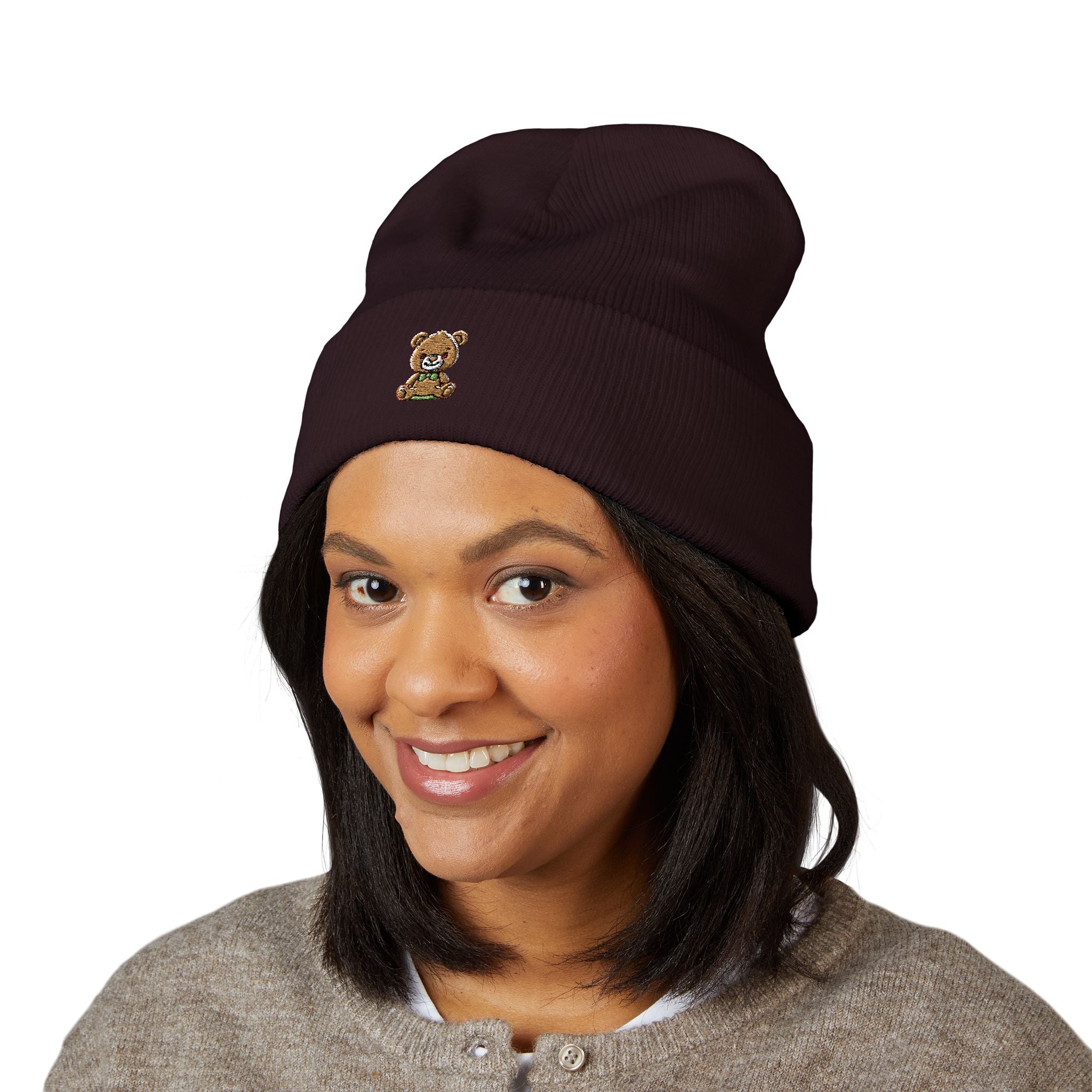 Happy Teddy Embroidered Cuffed Beanie — Cozy Cute Winter Hat