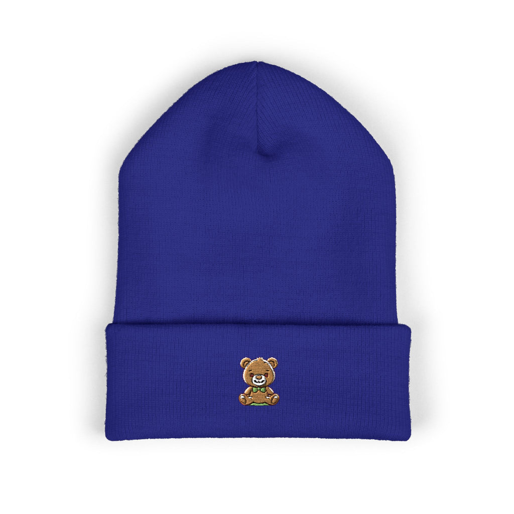 Happy Teddy Embroidered Cuffed Beanie — Cozy Cute Winter Hat