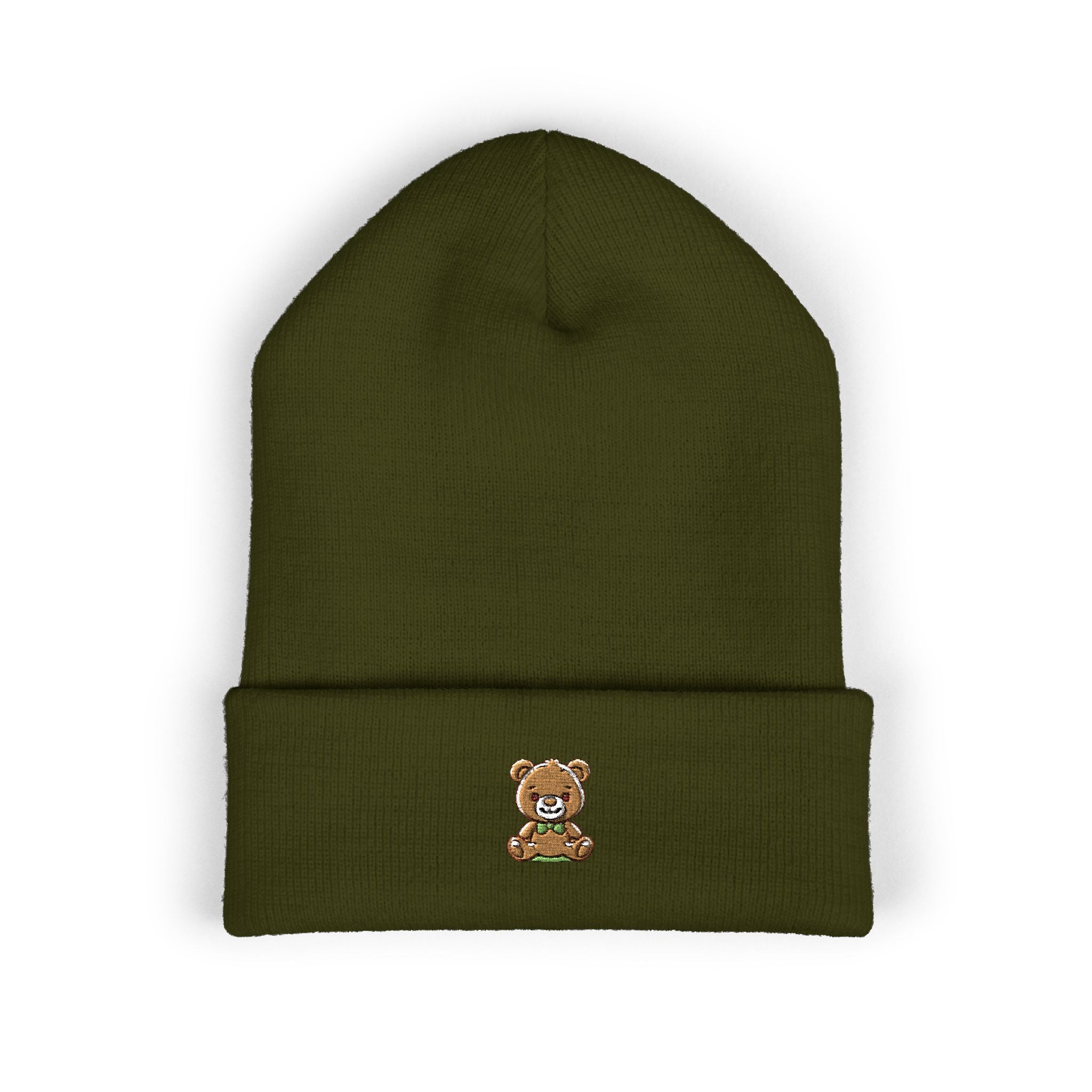 Happy Teddy Embroidered Cuffed Beanie — Cozy Cute Winter Hat