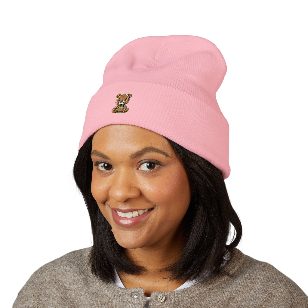 Happy Teddy Embroidered Cuffed Beanie — Cozy Cute Winter Hat