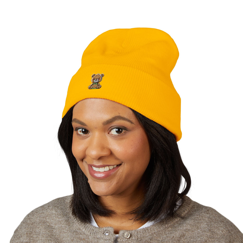 Happy Teddy Embroidered Cuffed Beanie — Cozy Cute Winter Hat
