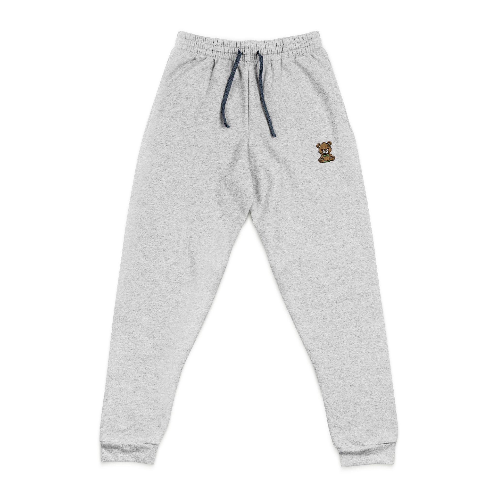 Happy Teddy Embroidered Charcoal Joggers — Cozy Casual Sweatpants with Small Gold Crest