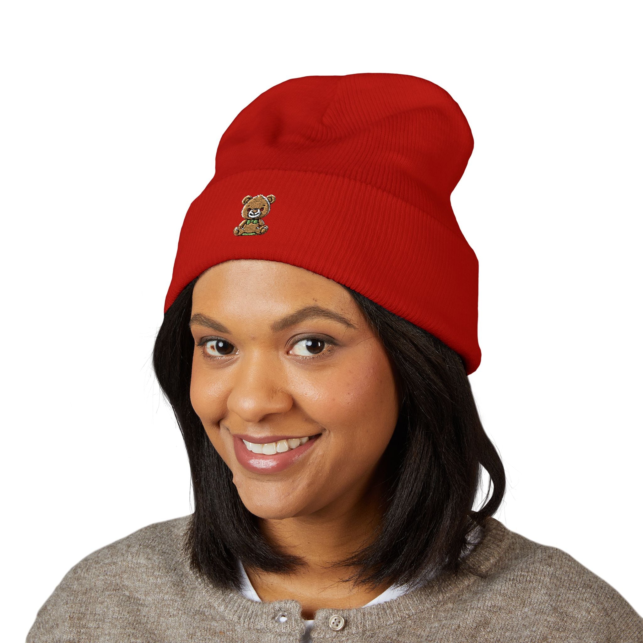 Happy Teddy Embroidered Cuffed Beanie — Cozy Cute Winter Hat