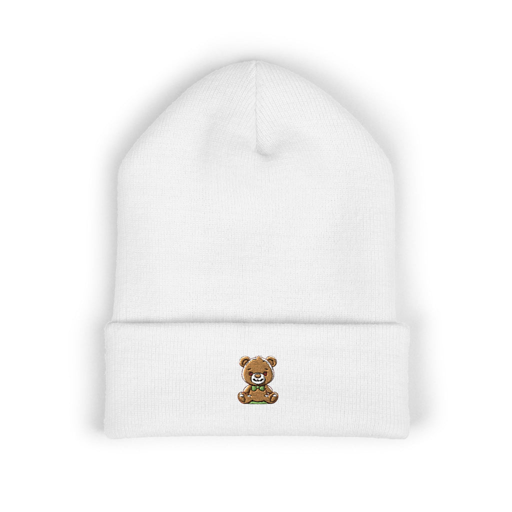 Happy Teddy Embroidered Cuffed Beanie — Cozy Cute Winter Hat