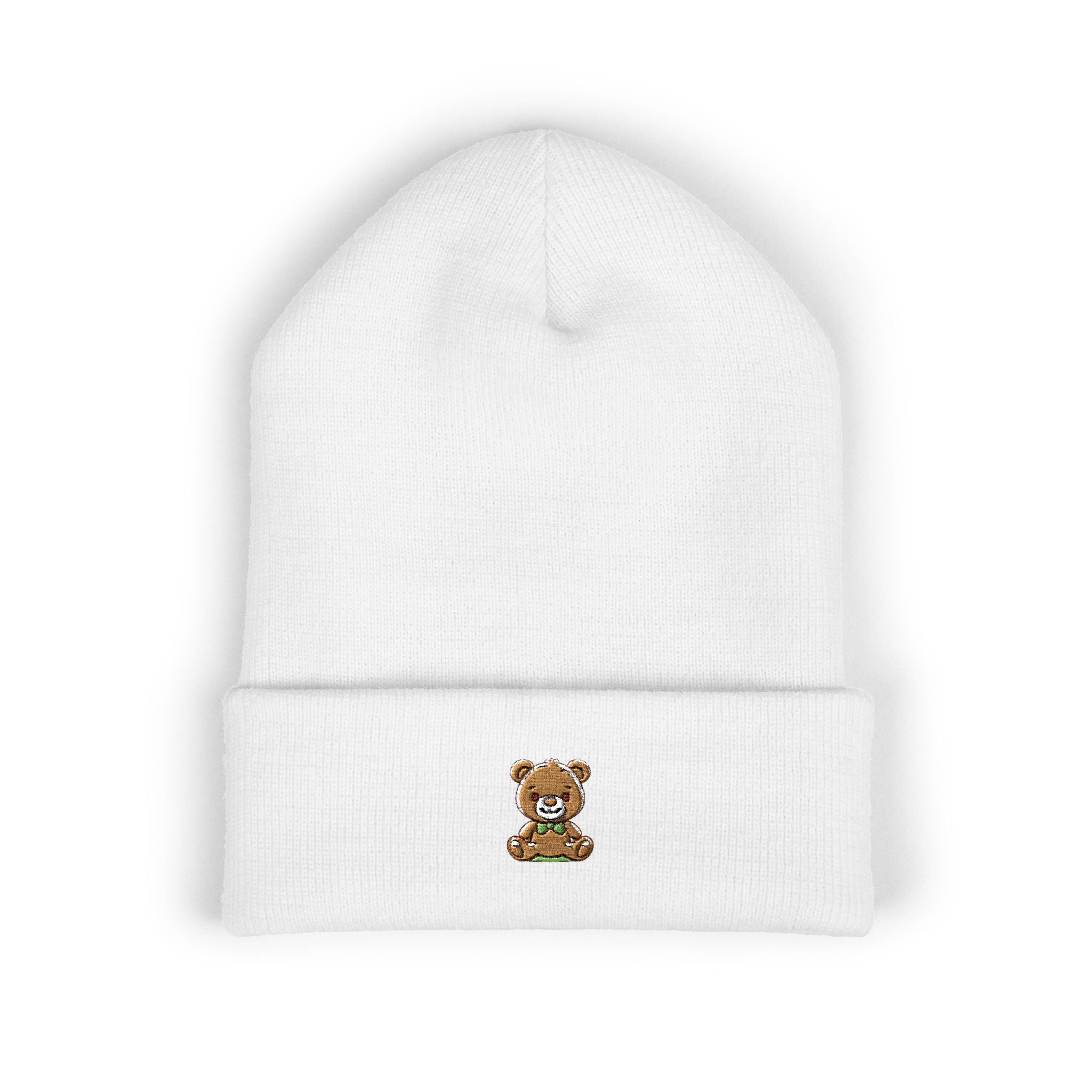Happy Teddy Embroidered Cuffed Beanie — Cozy Cute Winter Hat
