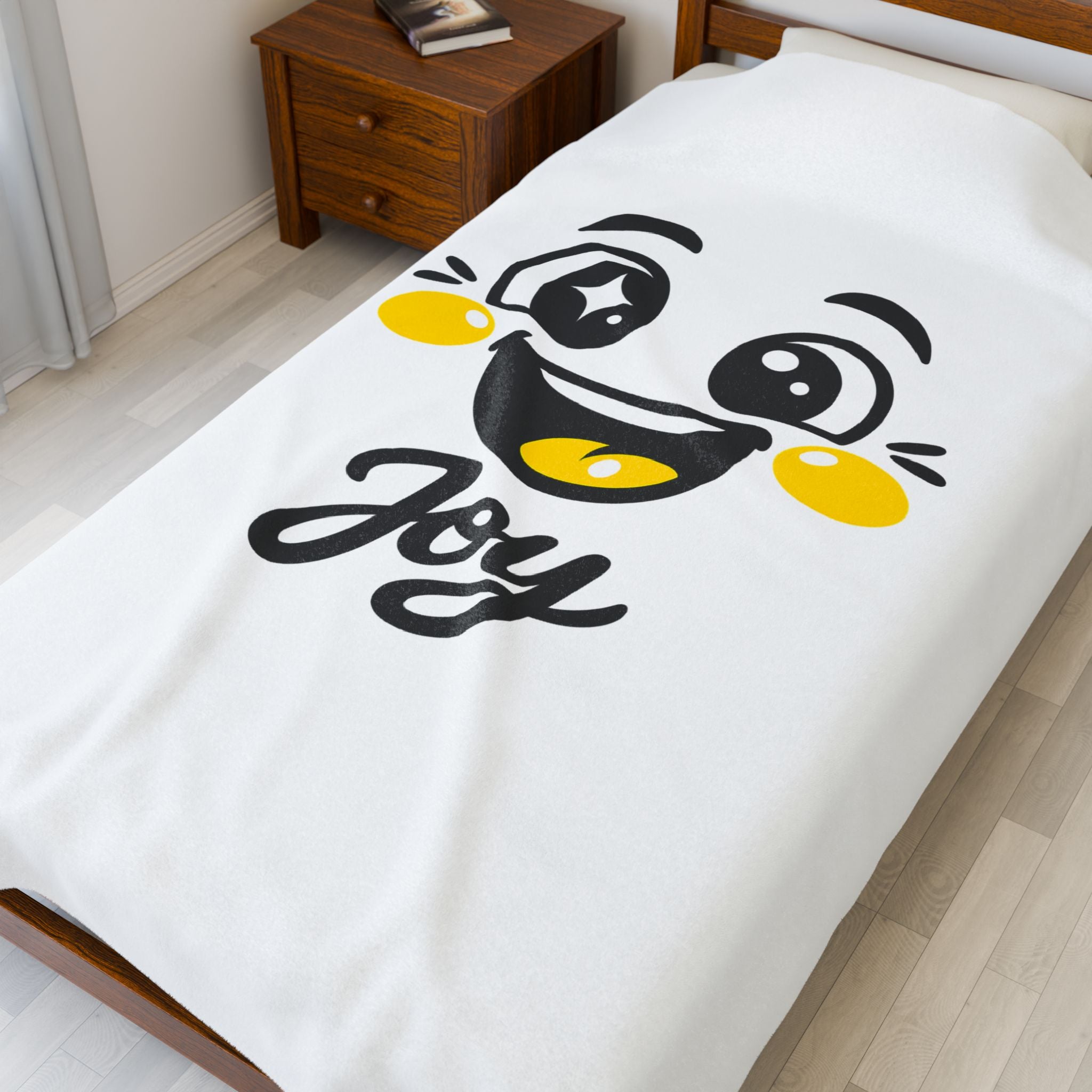 Joy Kawaii Mood Face Velveteen Plush Blanket | thick outline emoji cartoon