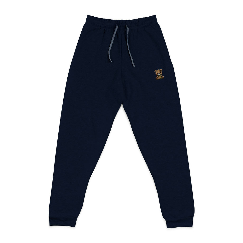 Happy Teddy Embroidered Charcoal Joggers — Cozy Casual Sweatpants with Small Gold Crest