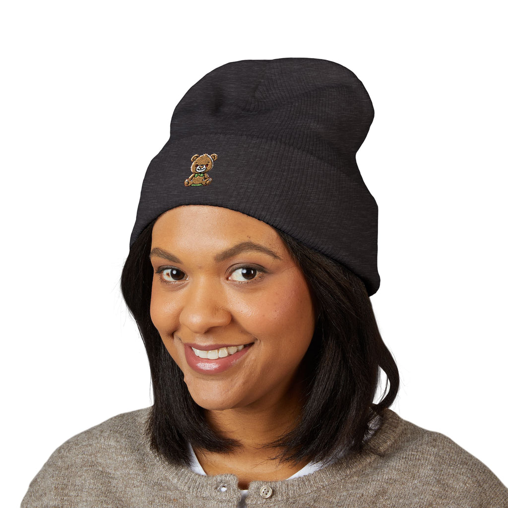Happy Teddy Embroidered Cuffed Beanie — Cozy Cute Winter Hat