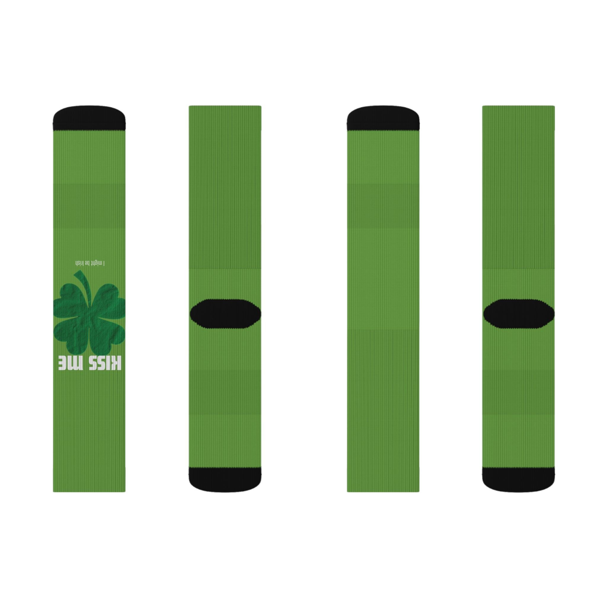 Green Shamrock 'Kiss Me' Sublimation Socks — St. Patrick's Day Novelty Socks